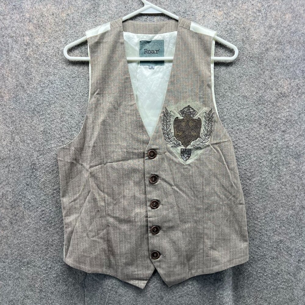Roar Vest Men Medium Khaki Sleeveless Biker Pinstriped Cross Embroiderd Crown